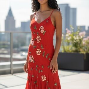 Chic Red Silk Chiffon Midi Dress